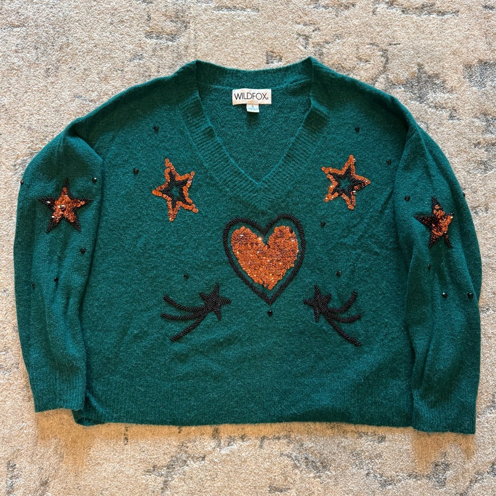 Wildfox Teal Sweater with Sequin Stars and Heart